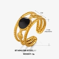 18K gold plated stainless steel ring with oval black enamel stone and sunburst detail - Gold Round Ring - Black Enamel