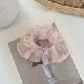 Pink sheer organza scrunchie featuring embroidered daisies on vintage background - Pink Mesh Daisy
