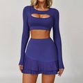 Two-piece deep purple yoga set with hollow-out long sleeve top and pleated sports skirt - S / Top And Bottom / Long Sleeve And Skirt / Rosey Blue