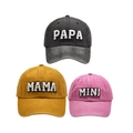 Three-pack cotton baseball caps in charcoal, yellow, and pink with PAPA MAMA MINI embroidery - Family Set (PAPA+MAMA+MINI) / Black/Yellow/Pink