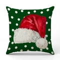 Funda de cojín navideño de lino con gorro de Papá Noel rojo y lunares sobre verde - Verde-Gorro de Navidad-Lunares