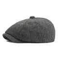 Men's newsboy hat featuring dark grey herringbone pattern and classic eight-panel crown - Adjustable / Gray