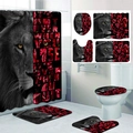 Detail showing lion and red rose print on four-piece bathroom shower curtain set - Black Red Lion Motivation (24-9)