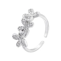 Macro shot of silver-tone open ring featuring a sparkling floral diamond cluster design - Platinum White Zirconia