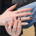 Short french press-on nails with leopard patterns in blue and dark brown colors - By2519 Fairy-like Beauty / Phototherapy Glue Style