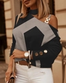Top de mujer con hombros descubiertos, manga larga, cadena y estampado geométrico - Negro Impreso