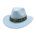 Light blue wool felt cowboy hat detail with leather strap and turquoise floral embroidery - One Size / Sky Blue