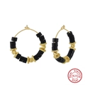 Elegant S925 sterling silver beaded drop earrings with black obsidian and gold accents - Black Metal Bead Hoop - Gold