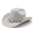 Detail of light gray felt cowboy hat featuring bohemian beaded band with shells and turquoise - Light Gray