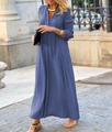 Elegante vestido maxi azul marino de manga larga con cuello en V y detalles de lazo - Azul zafiro