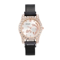 Detailed macro view of crystal-encrusted rose gold watch case with a dolphin dial design - Black