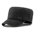 Men's winter faux leather flat top cap with ear flaps and warm fleece lining in black - Adjustable / Striped PU Leather Black