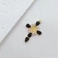 Gold cross pendant with black teardrop stone and religious embossed figure detail - Black