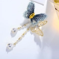 Spilla farfalla in ricamo blu e zircone dorato con nappe lunghe a catena pendenti - Stile Ricamato Blu Scuro