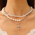 Vintage multi-layer chain necklace with white pearls and silver cross pendant for men - Cross Pearl Combo Layered Style