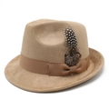 Classic khaki suede felt fedora hat featuring a spotted feather and grosgrain ribbon band - M (56-59cm) / Camel (Suede)