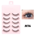 Natural black false eyelashes set of 5 pairs in pink case, H14 model shown on eyes - H14 Cotton Thread Stem - 5 Pairs