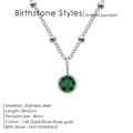 Silver stainless steel necklace with round green May birthstone emerald pendant - May Green (Green Rhinestone) / Silver