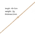 Detail view of 1mm gold stainless steel chain with length and weight specifications - Open Link Chain