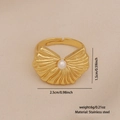 Gold stainless steel shell ring with white pearl inlay and product dimensions shown - Fan-shaped Shell Pearl (7#)