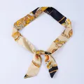 Luxurious narrow twilly scarf with golden chain and horse buckle prints in black and gold - X07-Multi