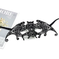 Macro detail of black lace bat mask showing intricate cutout patterns and ribbon ties - 028 Large Bat