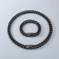 Conjunto de collar y pulsera de eslabones cubanos negros para hombre con cierre cuadrado - Estilo A (Cierre de botón redondo) / Ancho 9mm/Pulsera 21cm / Negro