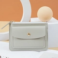 Sleek grey pebbled leather card holder with gold snap button and zipper closure - Gray