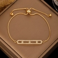 Gold-plated geometric bracelet with three sliding zircon stones and adjustable box chain - Gold Three-Stone Sliding Rectangle Frame