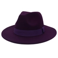 Close-up of deep purple wool felt fedora featuring a grosgrain ribbon and wide flat brim - Deep purple