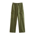 Detail of army green cargo pants showing durable cotton twill fabric and side flap pockets - Army Green