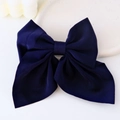 Elegant navy blue satin bow hair clip for women, presented on a white ceramic tray - Navy Blue