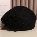 Elegant black wool beret with mesh veil and floral beads decoration for women - M (56-58cm) Adjustable / Black