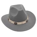 Close-up of gray felt cowboy hat with white leather band and embossed silver rivets - Light Grey Cowboy (Cream Belt)