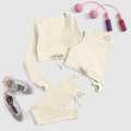 Three-piece ribbed yoga set with drawstring tops and high waist pants in cream white - S / Ivory