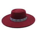 Detail of burgundy wool fedora hat featuring a vintage geometric woven band on flat top - M / Burgundy