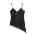 Detailed view of black satin lace camisole with deep V-neck and asymmetric hem design - Black