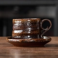 Japanese retro brown ceramic coffee cup and saucer set with textured stoneware finish - 201-a Large Cup + Saucer 250ml / Universal