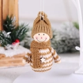 Brown striped knitted snowman doll ornament with wooden head and star for Christmas tree - Coffee Knitted Snowman