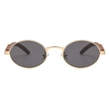 Retro small oval sunglasses with gold metal frame and dark wood grain temples - Gold/Gray