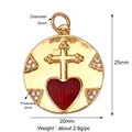 Golden round pendant with cross and red heart charms, accented by white zirconia stones - M184334 Cross Red Heart Disc