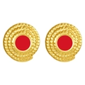 Boucles d'oreilles rondes vintage plaquées or 18K avec émail rouge et texture corde - Rouge