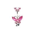 Silver belly button ring with pink crystal butterflies and zircon on white background - Pink Sparkling Double Butterfly
