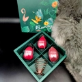 Detail of red makeup sponges in clear cases with a rose gold stand in a green gift box - Burgundy