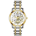 Waterproof two-tone gold skeleton watch with luminous hands and steel strap for men - Two-tone White Luminous