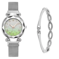Close-up of green gradient dial watch with roman numerals and infinity crystal bracelet - Watch+Bracelet / Silver