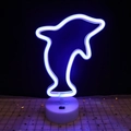 Blue LED neon dolphin lamp on white base with gold star fabric background - Blue Dolphin Style