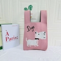 Pink knitted tote bag with cartoon dog pattern and double handles for casual daily wear - Pink Side Profile Dog
