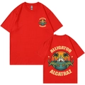 Red crew neck T-shirt with front and back Alligator Alcatraz graphics and palm trees - Red