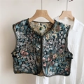 Detail of ethnic style floral jacquard vest with woven trim on soft cotton fabric - Style 7 Gold Embroidery - Blue Tone Floral - Retro Large Flower